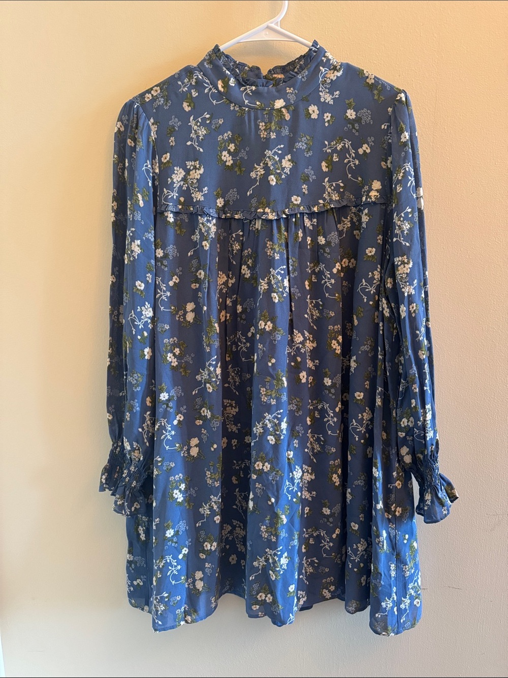 Reformation XL Blue Floral Long Sleeve Ruffle Dress Viscose